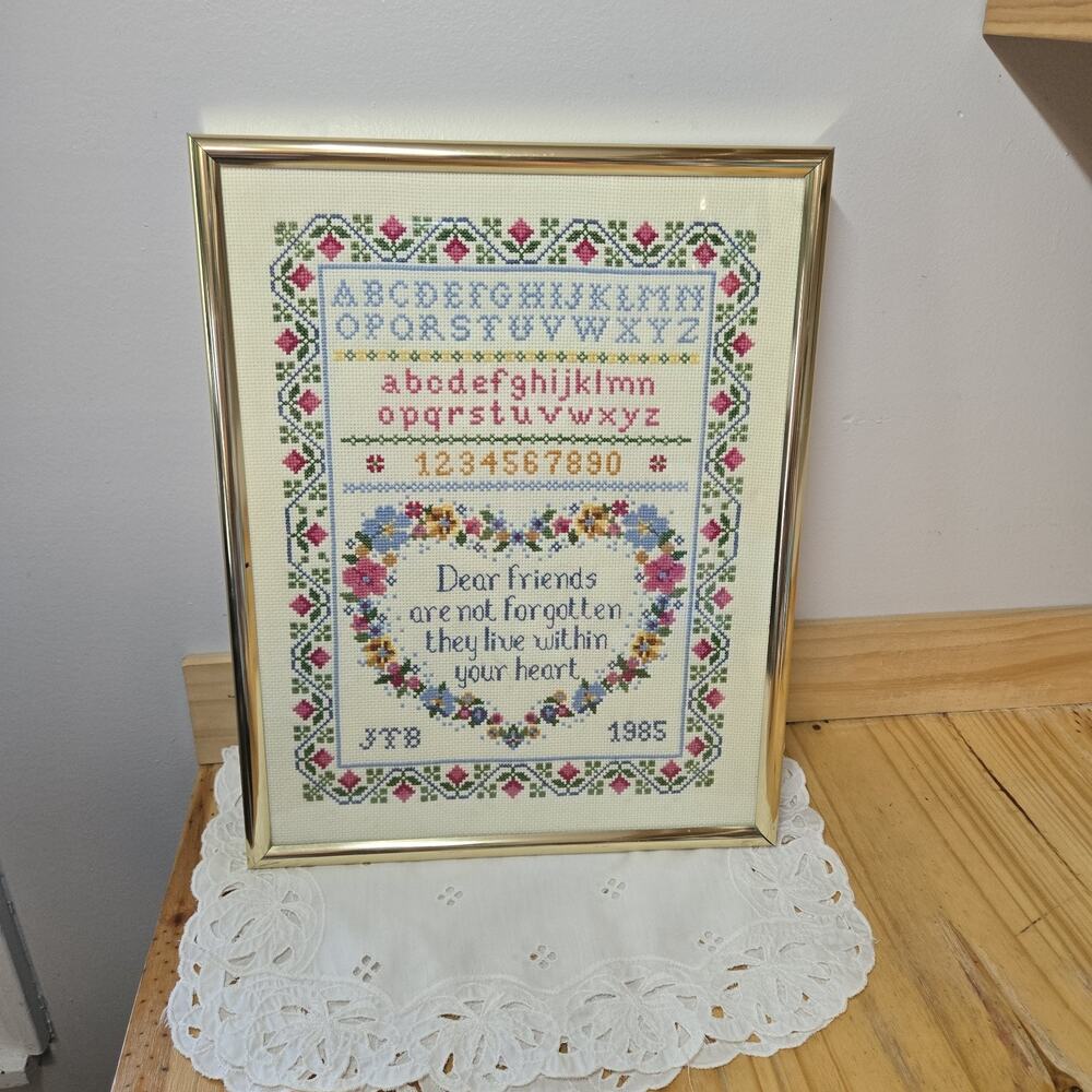 Cross Stitch Sampler Framed “Friends Live in Your..” 15.5”x12.5” 1985 With Frame
